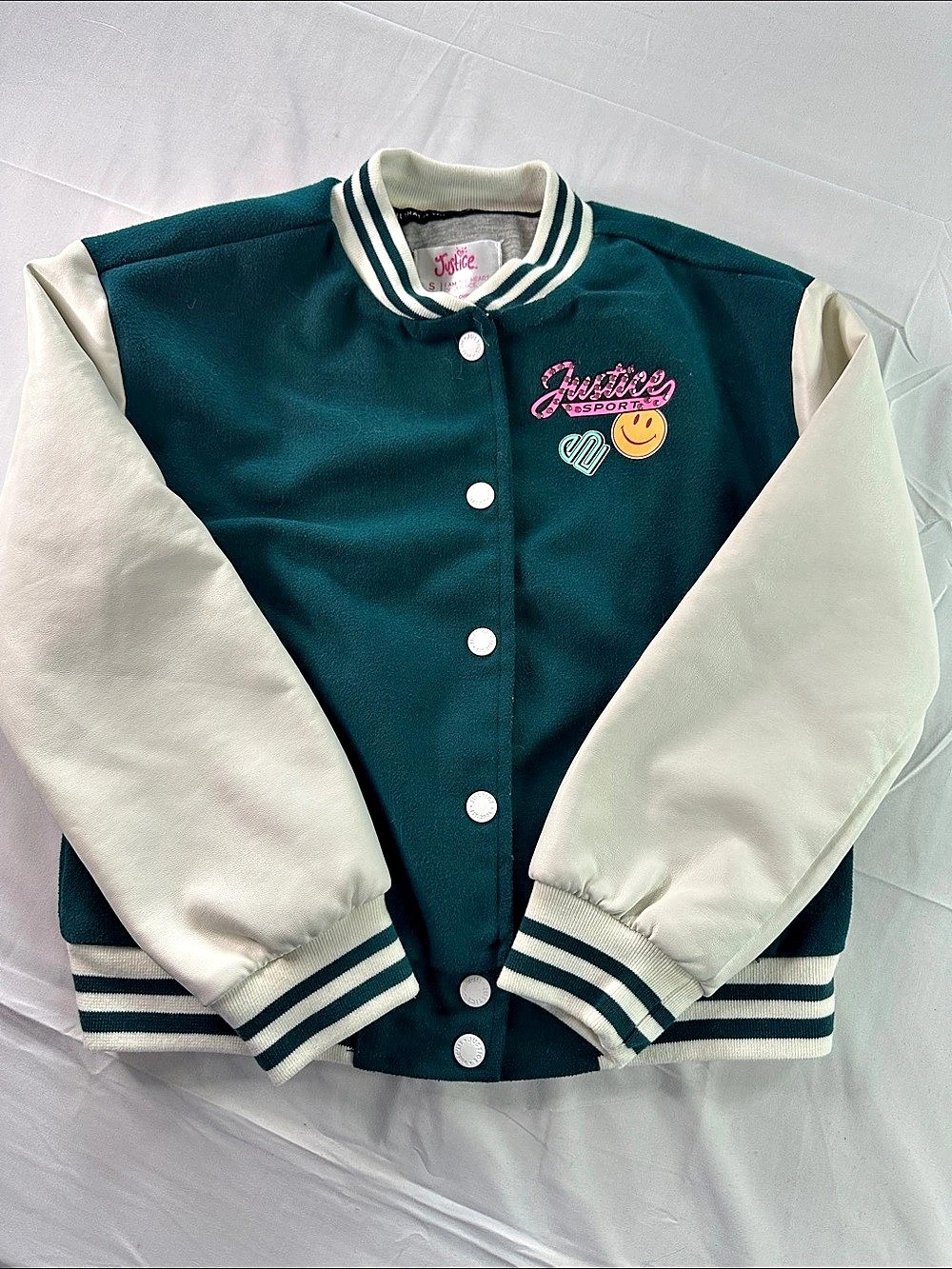 Justice Varsity Jacket Girls Size Small Green & White